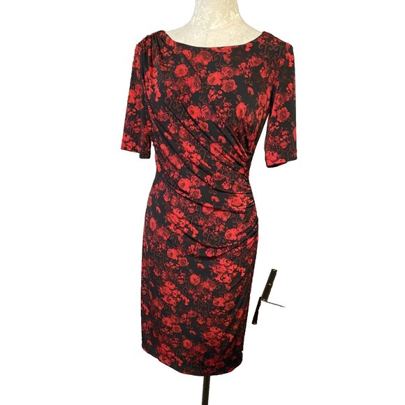 Connected Dress 6 Red Black Short Sleeve Stretch Sheath Washable Career Church - Picture 4 of 6